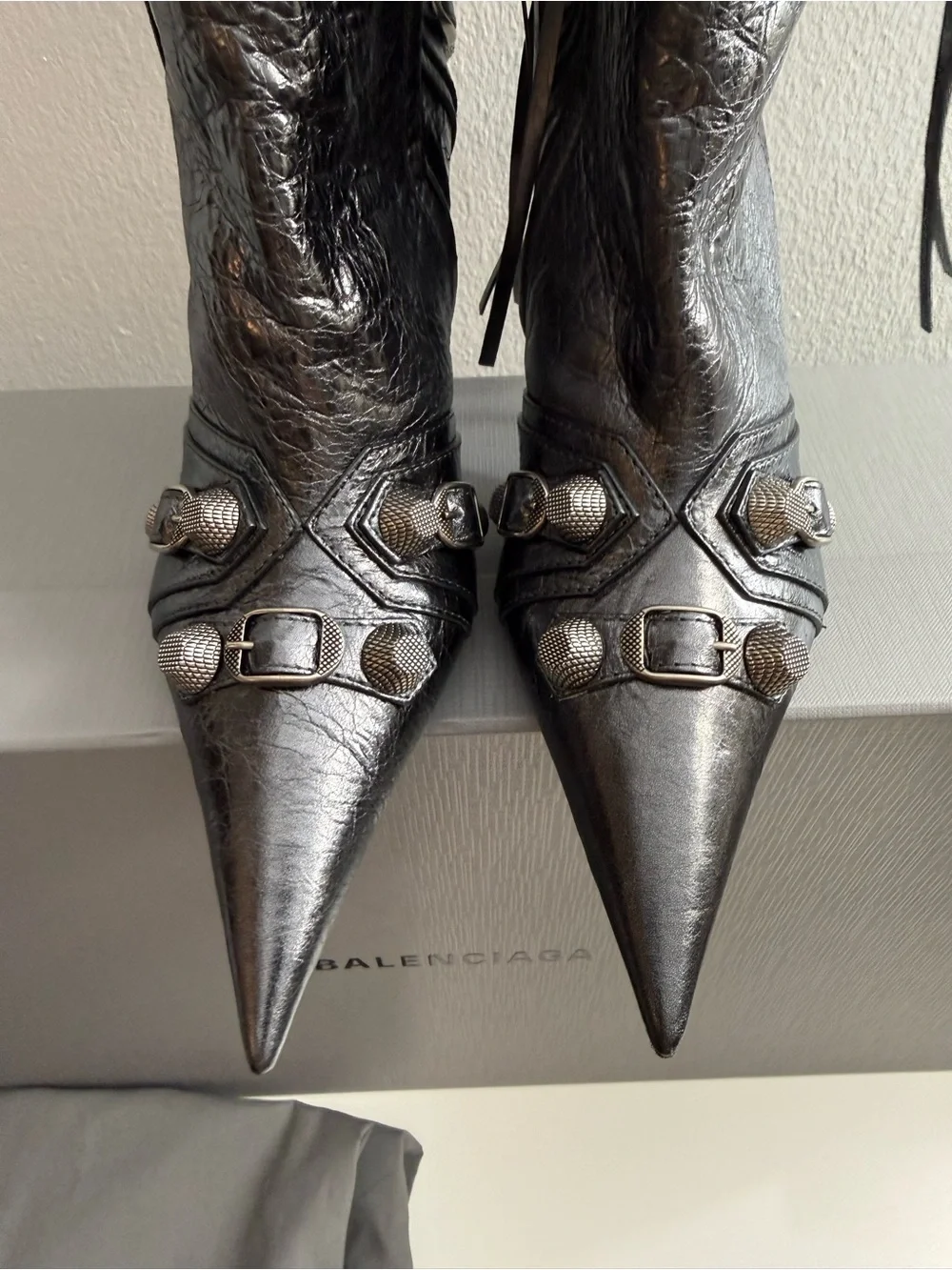 BALENCIAGA Le Cagole studded crinkled-leather knee boots